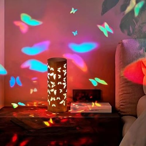 Butterfly Projector Night Light - Wooden Bedside Lamp with USB - Ideal for Bedroom & Living Room Decor - for Girls, Valentine's Day, Easter, Mother's Day, and Birthdays