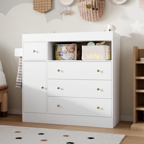 AIEGLE Nursery Dresser with Changing Table Top, Baby Dresser with 4 Drawers and Upper Open Shelf, Diaper Changing Station with Storage, Wooden Chest of Drawers for Kids Bedroom, White