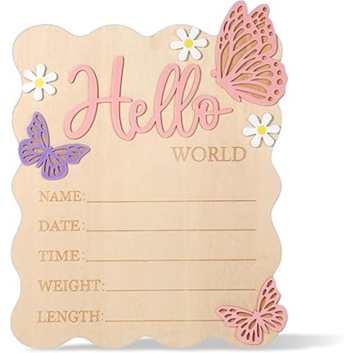 Baby Arrival Sign, Newborn Announcement Sign, Wooden Hello World Newborn Signs Pink Butterfly Baby Birth Announcement Signs for Hospital Nursery Photo Prop Decorations