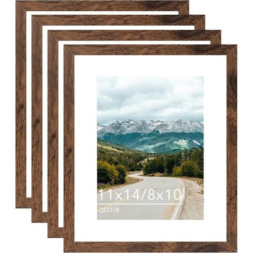 11x14 Picture Frame with 8x10 Mat Deep Brown, Display 8x10 with Mat or 11x14 Without Mat, Wood 11 by 14 Photo Frame, 11 x 14 Frame for Wall Hanging Display, Deep Brown, 4 Pack