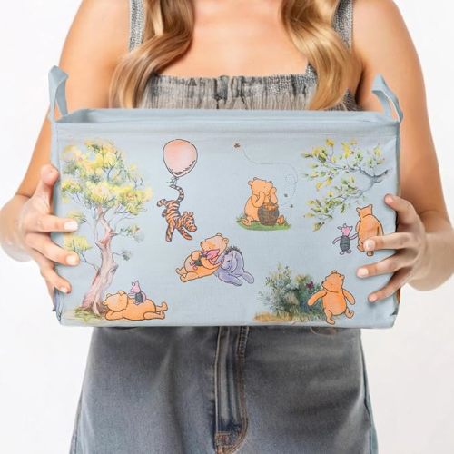 Sweet Baby Classic Winnie Pooh Storage Nursery Basket With Hard Bottom Large Square Canvas Cotton Laundry Hamper Bin Waterproof Foldable Bathroom and Bedroom Stuff Clothes Toys Vintage Decor (Blue)
