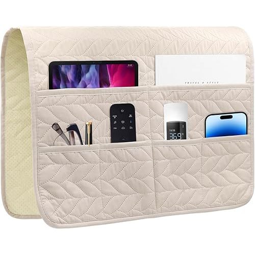 Sofa Armrest Organizer Arm Chair Caddy for Recliner, Remote Control Holder for Recliner, Non-Slip Armchair Caddy with 6 Pockets Storage for Magazine, Tablet, Phone, Beige