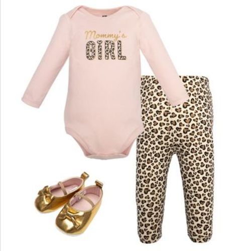 Hudson Baby Infant Girls Cotton Bodysuit, Pant and Shoe Set, Leopard Hearts Girls, 6-9 Months