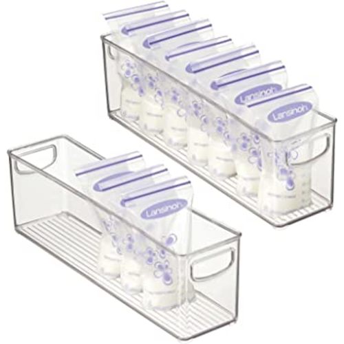 mDesign Plastic Long Stackable Storage Organizer Container, Organization Bin w/Handles for Kitchen, Pantry, Fridge, Freezer, Cabinet, Perfect to Hold Breast Milk - Ligne Collection - 2 Pack, Clear