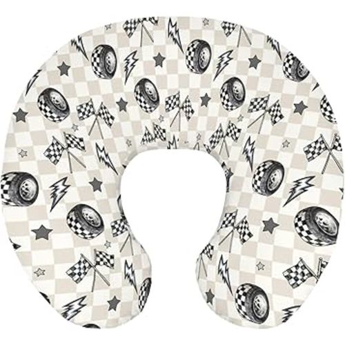 Cute Race Car Flag Black and White Plaid Nursing Pillow Cover Stretchy and Soft for Baby Girls Boys Tire Checkered Stars Vehicles Nursing Cover for Breastfeeding for Newborn Infant
