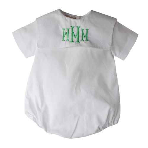 Boys White Bubble Romper Outfit Square Monogram Collar | Rosalina