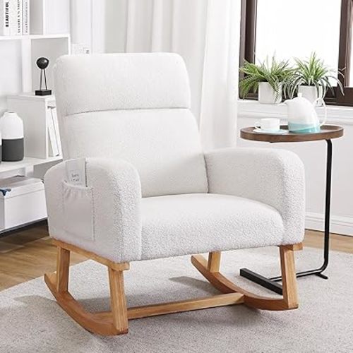 Rocking Chair Nursery, Sherpa Nursing Rocking Armchair for Mom Nursery Morden Rocker Chair with High Backrest for Living Room,Bedroom,Teddy White