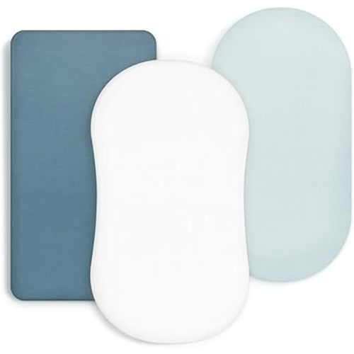 GRSSDER Stretchy Ultra Soft Fitted Bassinet Sheet 3 Pack, Universal Fit for Bassinets Baby Cradle Moses Basket Oval Rectangle Mattress Safe and Snug, Jersey Bassinet Sheets for Girls, White/Blue
