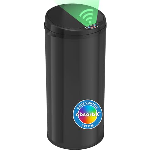 iTouchless 50 Liter / 13 Gallon Sensor Kitchen Trash Can with Odor Filter – Slim Round Black Stainless Steel Automatic Garbage Recycling Bin for Home, Office, Business, Garage
