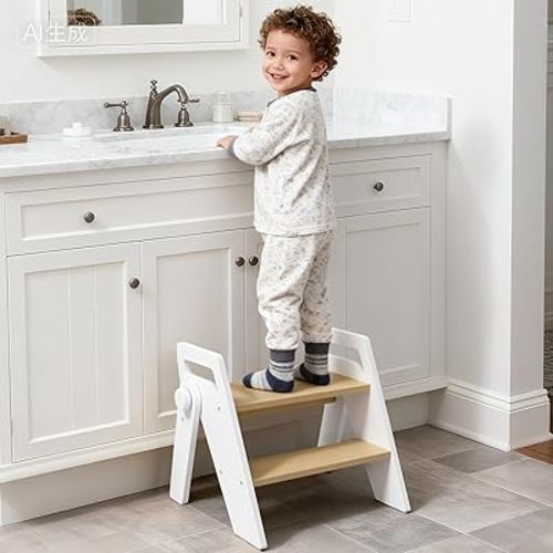 Toddler Kids Step Stool: Wooden 2 Step Stool for Bathroom Sink, Foldable, Natural White