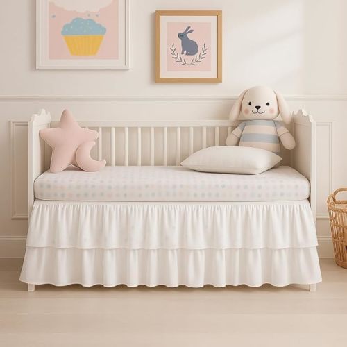 Multi Ruffle Mini Crib Bed Skirt Nursery Toddler Bedding 100% Microfiber Crib Bed Skirt for Baby Boys or Baby Girls, (24" x 38") 10" Inch Drop Lenght - White Solid