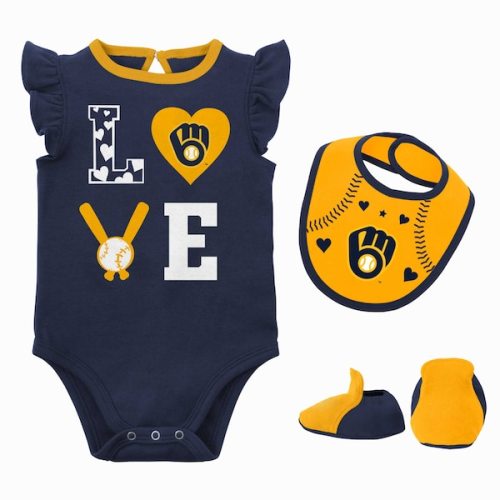 Newborn & Infant Milwaukee Brewers Navy/Gold Three-Piece Love of Baseball Bib, Bodysuit & Booties Set