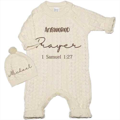 Custom Baby Sweater Romper with Embroidered Name on Hat, Inspirational Answered Prayer Scripture on Bodysuit, Newborn, Christian Baby Gift