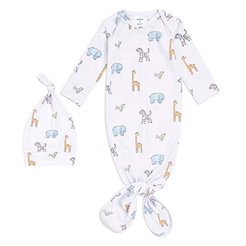 aden + anais Comfort Knit Knotted Newborn Baby Gown and Hat, Super Soft Cotton with Spandex, Infant Gown with Fold Over Mitten Cuffs, 2 Piece Set, 0-3 Months, Jungle Jammin