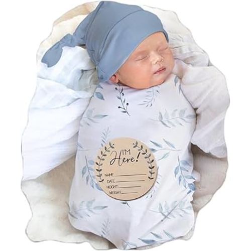 Ylsteed Baby Swaddle Blanket and Headband Set, Newborn Receiving Blanket Swaddle Wrap for Girls and Boys, Swaddling Blankets Neutral for Newborn， Soft and Skin-Friendly 32 * 32 inches (Blue Leaves)