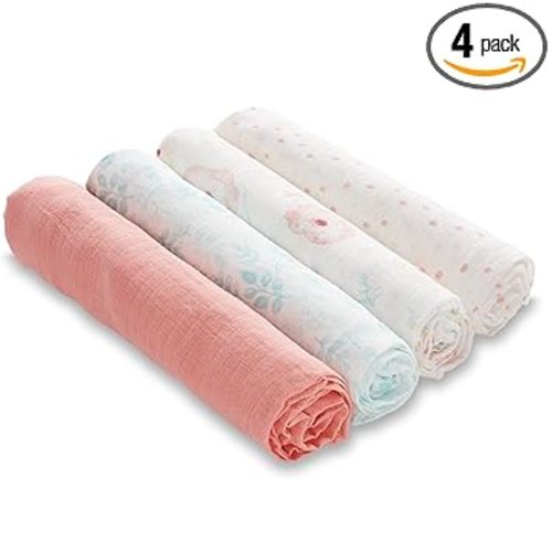 aden + anais Essentials Muslin Swaddle Blankets for Baby Girls and Boys, Newborn Receiving Blanket for Swaddling, 100% Cotton Baby Swaddle Wrap, 4 Pack, Full Bloom