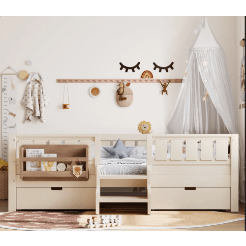 Full Size Montessori Floor Bed with Bookshelf and 2 Storage Drawers