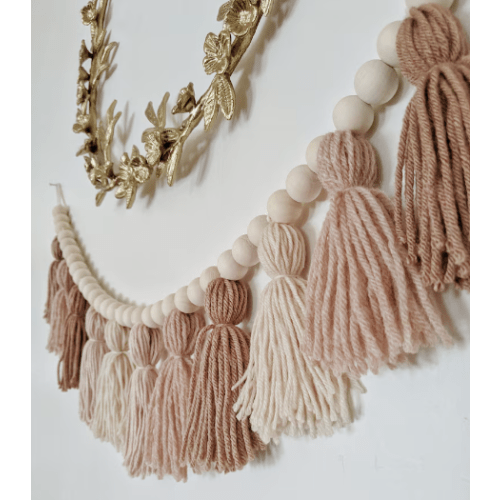 Blush and clay yarn tassel garland with wood beads / Highchair cake smash banner / Blush Christmas decor / Girls nursery