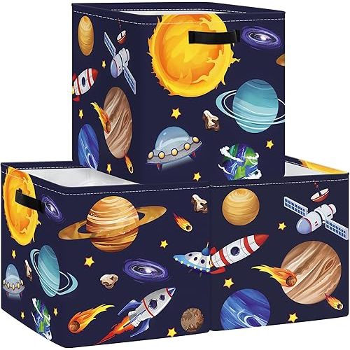 Clastyle Cosmic Space Kid Storage Cube Organizer Set Planets Stars Closet Clothes Cube Storage Bin Nursery Toddler Toy Box Chest Girl Boy Book Shelf Basket,Solar System,11.8x11.8x11.8 in