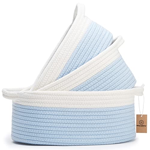 NaturalCozy 3-Piece Oval Storage Basket Set– Soft Natural Rope Woven Baskets for Storage Shelf, Toy, Nursery, Gift, Baby Shower, Pets Cat Dog Bins | Small Basket for Organizing (Off White & Blue)