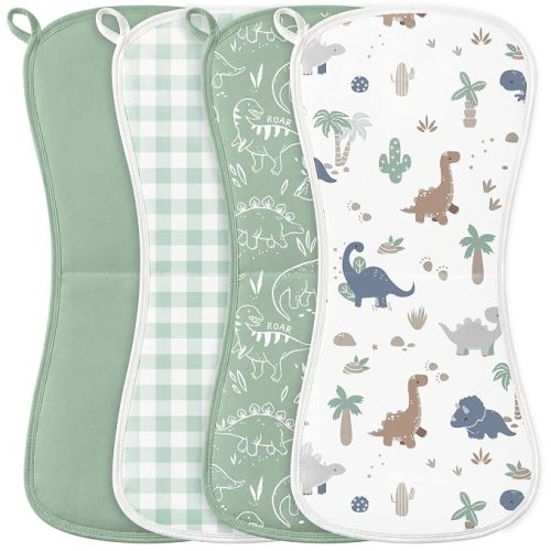 Burp Cloths Baby Boy, Large 21'' X 10'' Cotton Burping Cloths for Babies, Ultra Soft and Absorbent Burp Rags, 4 Pack Set Washcloths Newborn Spit Up Rags Green Dinosaur
