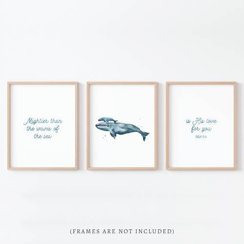 Mightier Than All The Waves Of The Sea Psalm 93:4 Whale Watercolor Print Set for Nautical Nursery, Bible Verse Print