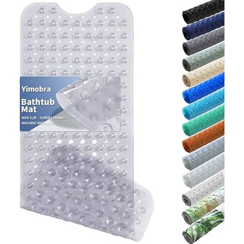 Yimobra Non Slip Bathtub Mat 40"x16", Super Strong Suction Cups, Extra Long Shower Mat with Drain Holes, Machine Washable Fast Draining Bathroom Floor Mat, Clear Grey