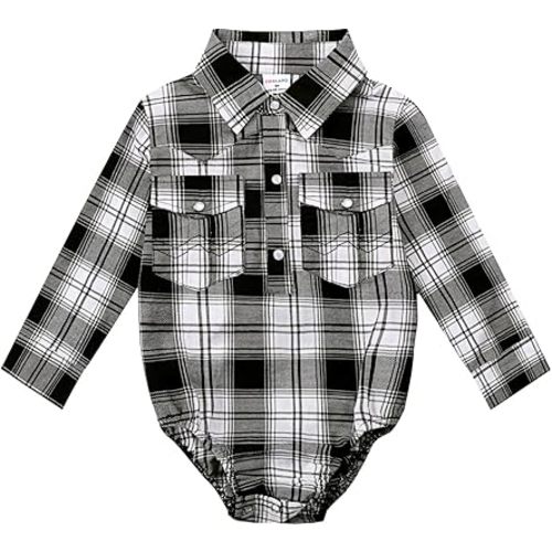 COSLAND Baby Boys' Western Cotton Plaid Bodysuit, Infant Cowboy Jumpsuit, 0-18 Months