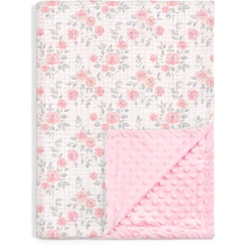 SANDJEST Pink Rose Minky Muslin & Dotted Blanket 30x40 in Gift for Holiday, Gender Reveal Party, Hospital Visit, Baptism