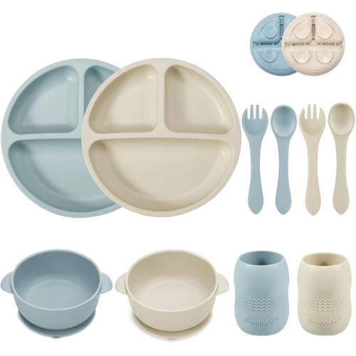 Amazon.com : PandaEar Silicone Baby Feeding Set| 2 Divided Suction Plate + 2 Suction Bowl + 2 Tiny Cup with 2 Spoons| Baby Led Weaning Supplies Self Feeding Utensils (Blue White) : Baby