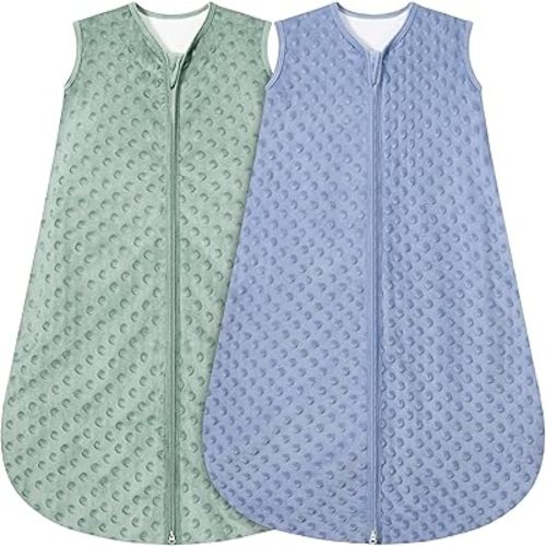 Fleece Baby Sleep Sack 0-6 Months With Plush Dots,2 Pack TOG 1.5 Baby Wearable Blanket with 2-Way Zipper, Toddler Sleep Sack (Blue&Green, 0-6 Months)