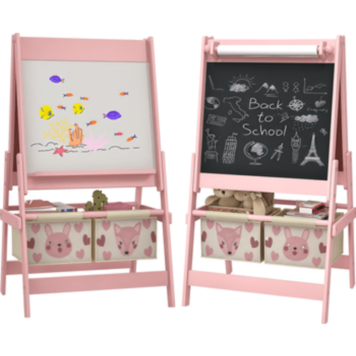Kids 3-in-1 Art Easel with Paper Roll, Blackboard, Whiteboard, Storage Baskets