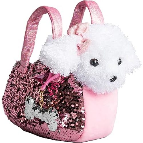 Little Jupiter Pet Plush Set with Purse w/Reversible Sequins & Charm - Stuffed Animal Toy for Kids Ages 4-5 - 6-7 - Stuffed Animal Purse - Stuffed Animals for Girls - (White Labradoodle)