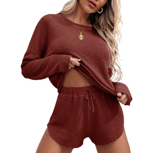 Ekouaer Womens Waffle Knit Pajama Sets Long Sleeve Top and Shorts Matching Lounge Set Loungewear Sweatsuit with Pockets