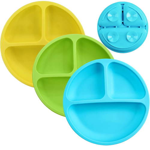 Baby Plates Toddler Plates with Suction -100% Silicone Divided Silicone Plates for Baby - 3 Pack silicone plates for baby