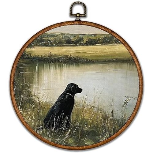 BCUANGD Retro Dog Round Wall Art Decor - Vintage Antique Pet Wall Art Canvas Frame Artwork Prints, Rustic Cottagecore Nature Round Wall Hanging Decorations for Gallery Home, 10"x10"