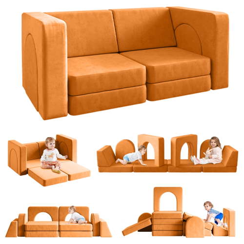 Kids Sofa Couch 10PCS, Linor Modular Toddler Couch for Playroom, Dutch Velvet Multifunctional Play Couch Sofa for Kids, Light Brown