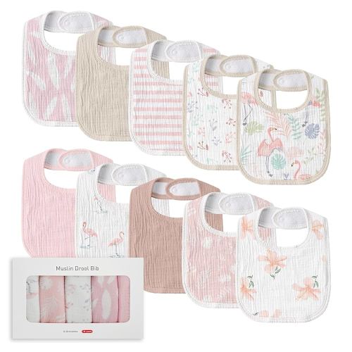 Muslin Baby Drool Bibs for Unisex Boys Girls, 10 Pack Soft Cotton Baby Bib for Teething Drooling, Essentials Shower Gift (10, Light Pink)