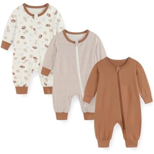 falianni 3 Pack Cartoon Baby Unisex Jumpsuits Comfy Solid Color New born Boy Girl Rompers Long Sleeve Zipper Infant Colthes
