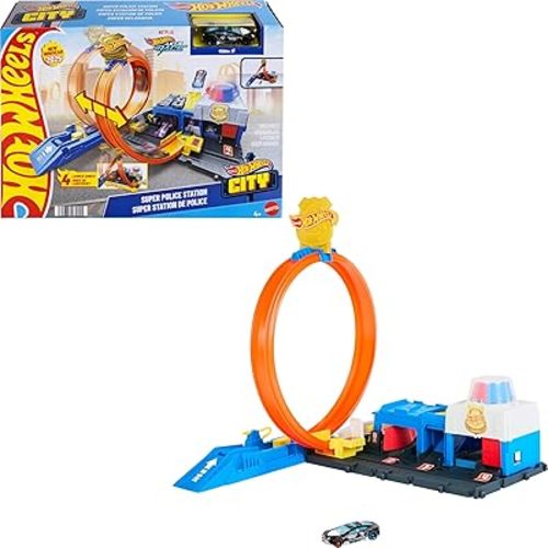 Hot Wheels Toy Car Track Set, Super Police Station Playset with 1:64 Scale Die-Cast Vehicle, Adjustable Loop for Multiple Ways to Race & Stunt