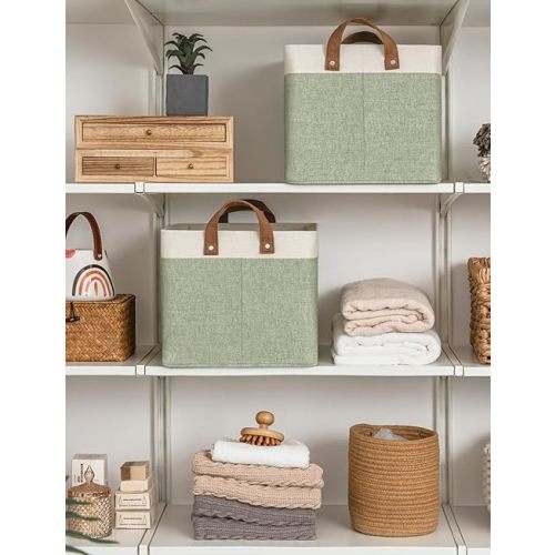 StorageWorks Storage Bins, Shelves Baskets for Organizing, Large Fabric Closet Organizers with Handles, Metal Frame, Green and White, 2-Pack
