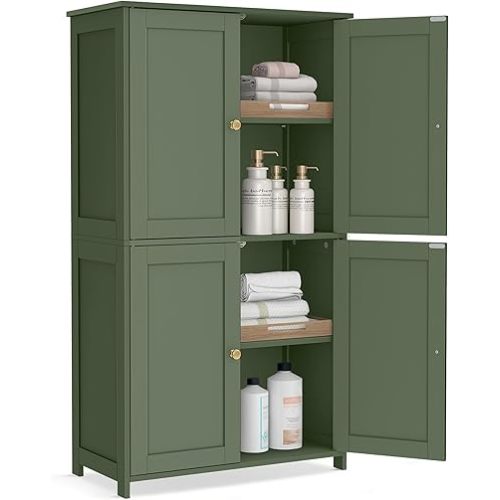VASAGLE Floor Storage Cabinet, Shaker Cabinet with 2 Adjustable Shelves, 4 Doors, Tall Freestanding Organizer Unit, for Kitchen Bathroom Living Room, Forest Green UBBC553CH01S