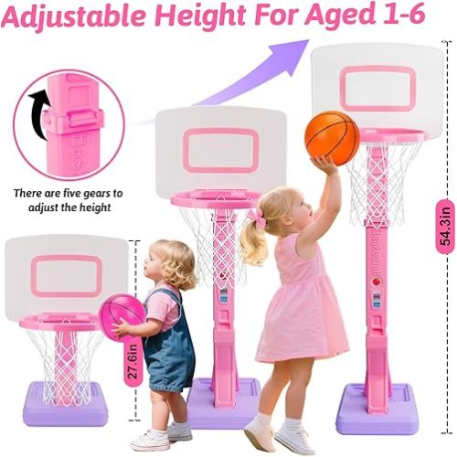 Toddler Pink Basketball Hoop for Age 1-3, Adjustable Kids Basketball Hoop with 3 Balls Indoor Outdoor Play Mini Poolside Basketball Goal Sport Toys Birthday Easter Gift for 1 2 3 4 Year Old Baby Girl