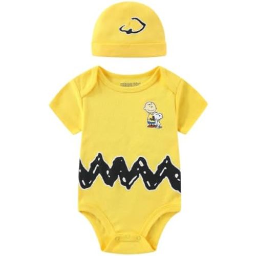 Peanuts Charlie Brown Snoopy Baby Boys Bodysuit with Hat Cap 2 Piece Set for Newborn and Infant