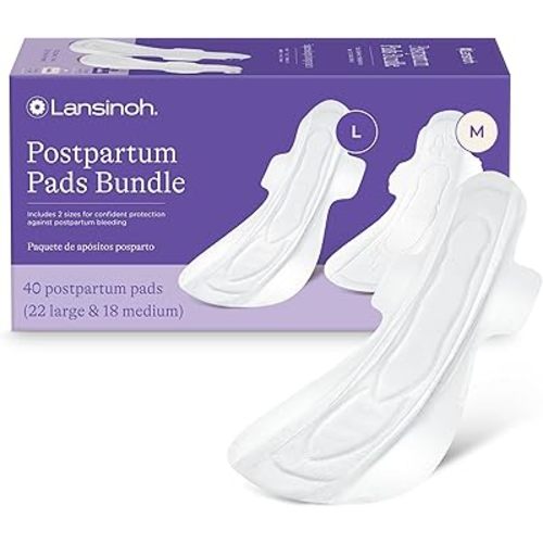 Lansinoh Postpartum Maxi Pads Bundle, 40 Count, Heavy Absorbency Overnight Pads with Wings, Includes 2 Sizes for Extra Protection, Postpartum Essentials