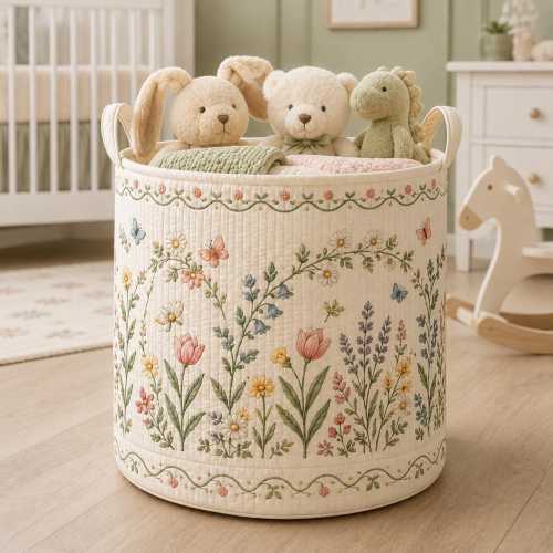 Wildflower Storage Basket, Quilted Floral Nursery Hamper, Butterfly Toy Organizer with Handles, Cottagecore Baby Room Decor and Laundry Bin
