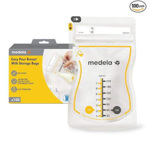 Medela Easy Pour Breast Milk Storage Bags, 100 Count, 7 oz/210 ml | Leakproof, One-Hand Easy Pour Spout, No Spills, Breast Milk Protection, Sanitized, Fast Freeze, BPA-Free Bags