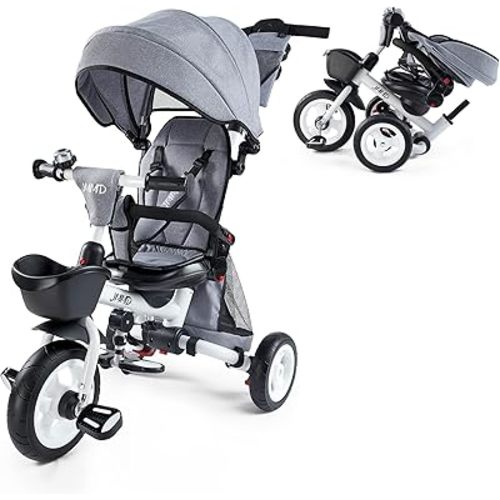 JMMD 8 in 1 Tricycle Stroller with Push Handle, Foldable Trike with 360° Swivel Seat, Reclining Backrest, All-Terrain Wheels, Dual Brakes, Canopy & Storage, Gift for Kids 18 Months to 5 Years, Gray