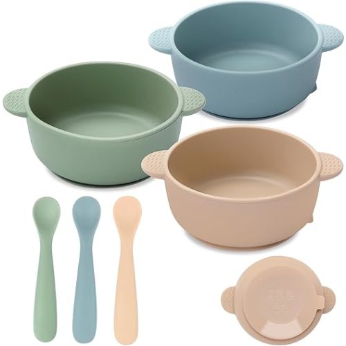 Baby Bowls with Suction and Baby Spoons Set of 3, BPA Free | Silicone Stay Put Bowls and Feeding Spoons for Babies Toddlers Kids, Microwave and Dishwasher Safe