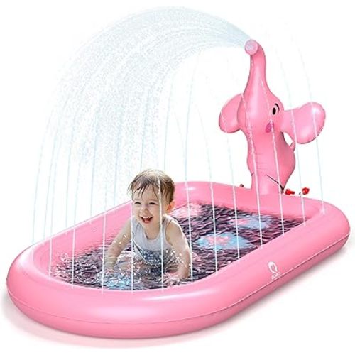 QPAU Splash Pads for Toddlers 1-3, Pink Elephant Toy Splash Pad for Kids, Outdoor Play Mat for Babies, Inflatable Sprinkler Pool for Birthday Girl Gifts 1 Year Old Girl